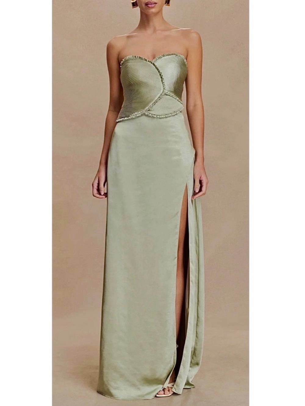 NWT Meshki Larissa Strapless Satin Maxi Dress With Ruched Petals in Sage Green M